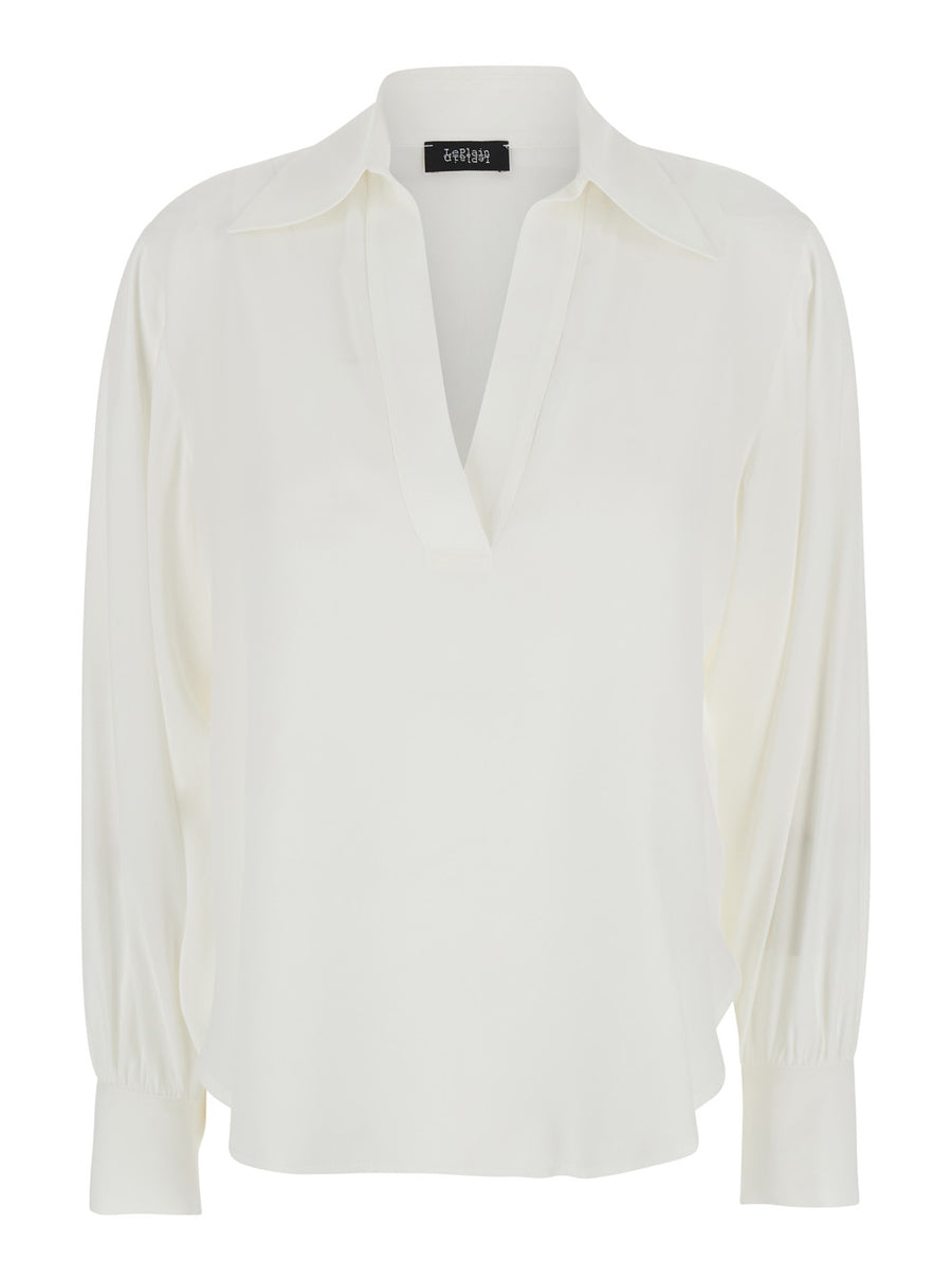 Polo Shirt V-Neck White Silk Blend Acetate Blouses