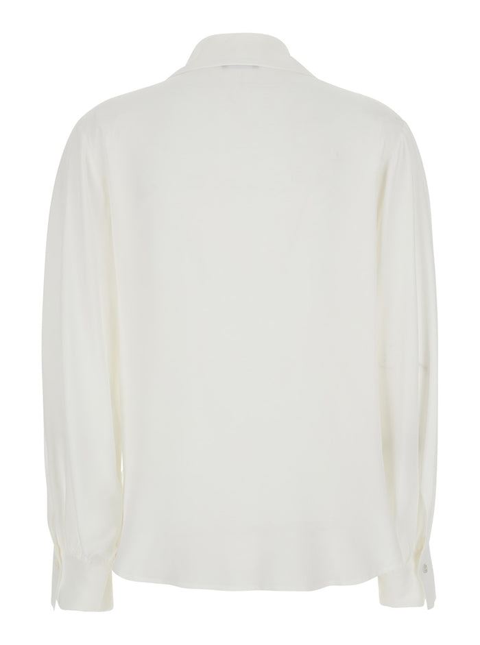 White Polo Shirt with V-Neck in Silk Blend Woman Acetate And Blouses