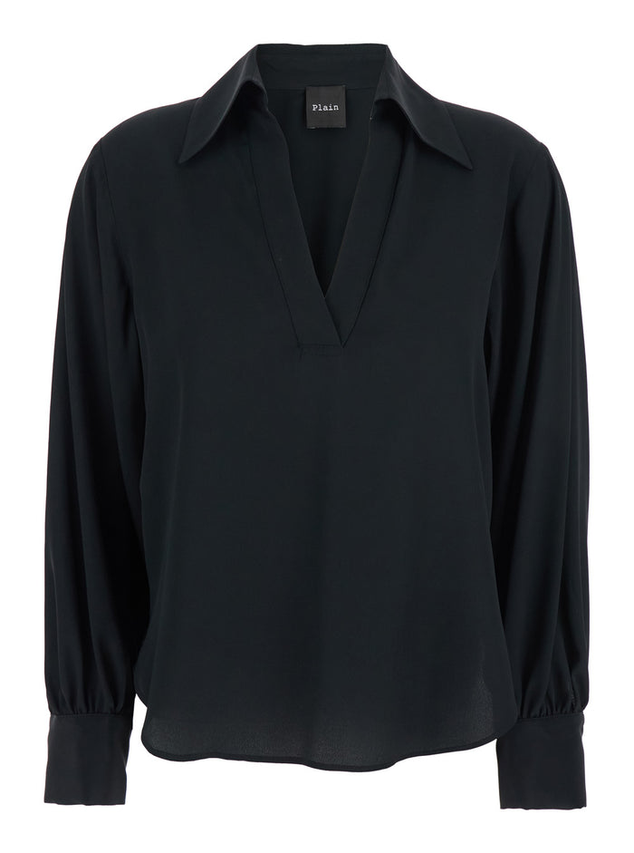 Black Polo Collar Blouse with V-Neck in Silk Blend Woman Acetate Shirts And Blouses