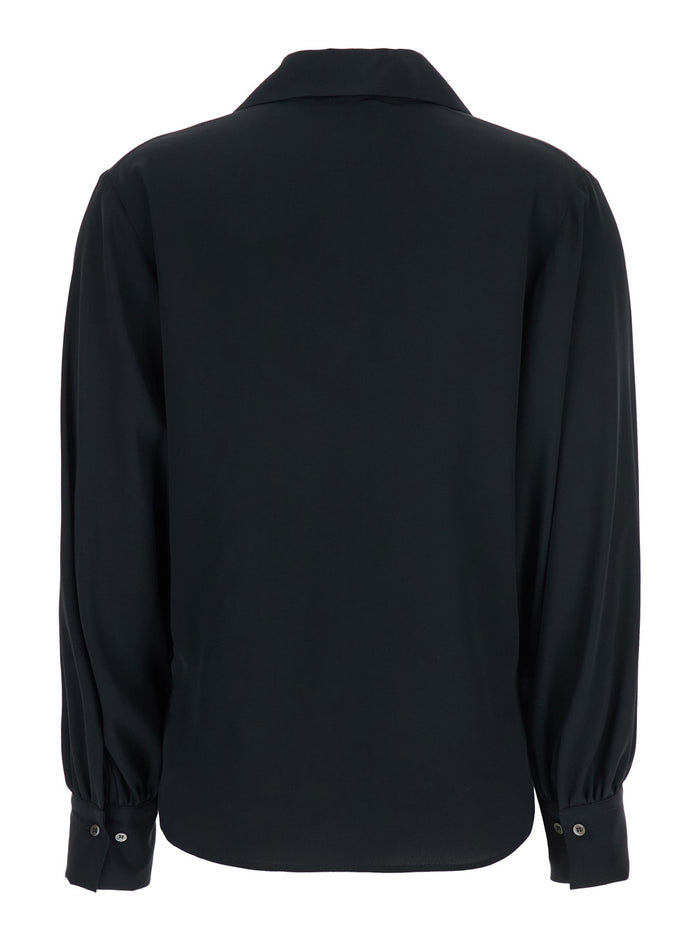 Black Polo Collar Blouse with V-Neck in Silk Blend Woman Acetate Shirts And Blouses