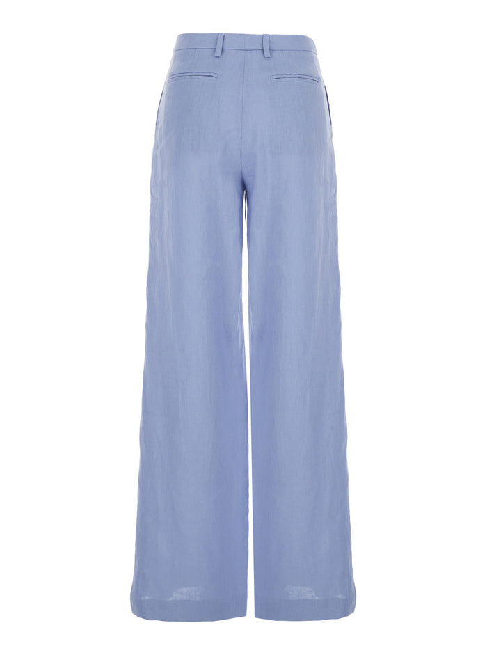 Light-Blue Linen Trousers With Wide Leg Woman Light Blue
