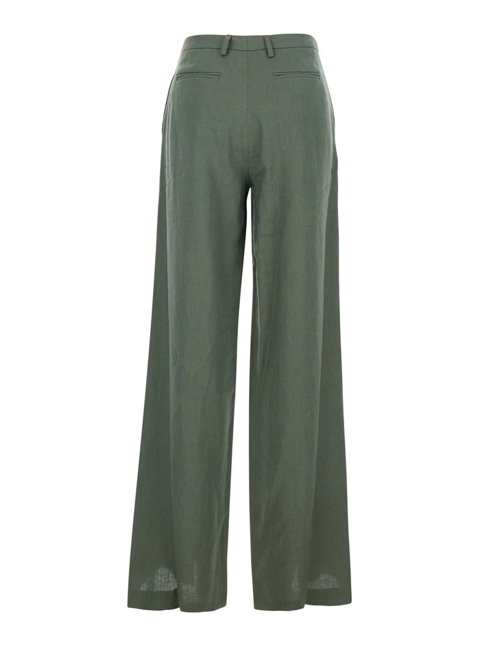 Green Wide Leg Linen Pants with Belt Loops Woman Trousers