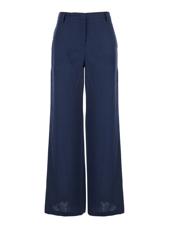 Blue Linen Trousers With Wide Leg Woman Blu
