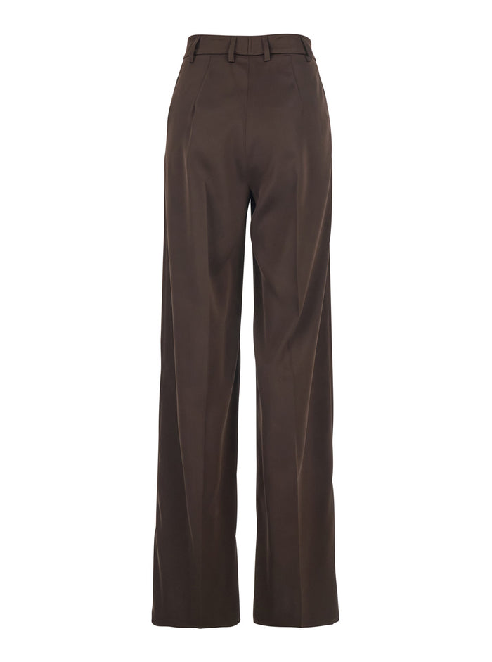 Brown Satin Tailored Pants with Front Pleats for Women Polyester Trousers