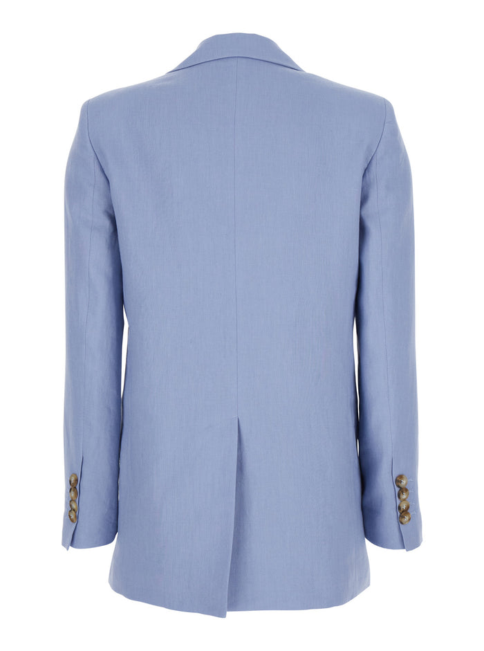 Blue Double-breasted Jacket with Notched Revers in Linen for Women Light Blazers