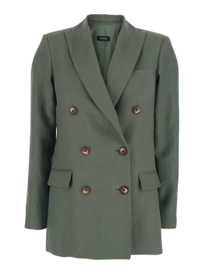 Double-breasted Jacket with Peak Revers in Green for Women Linen Blazers
