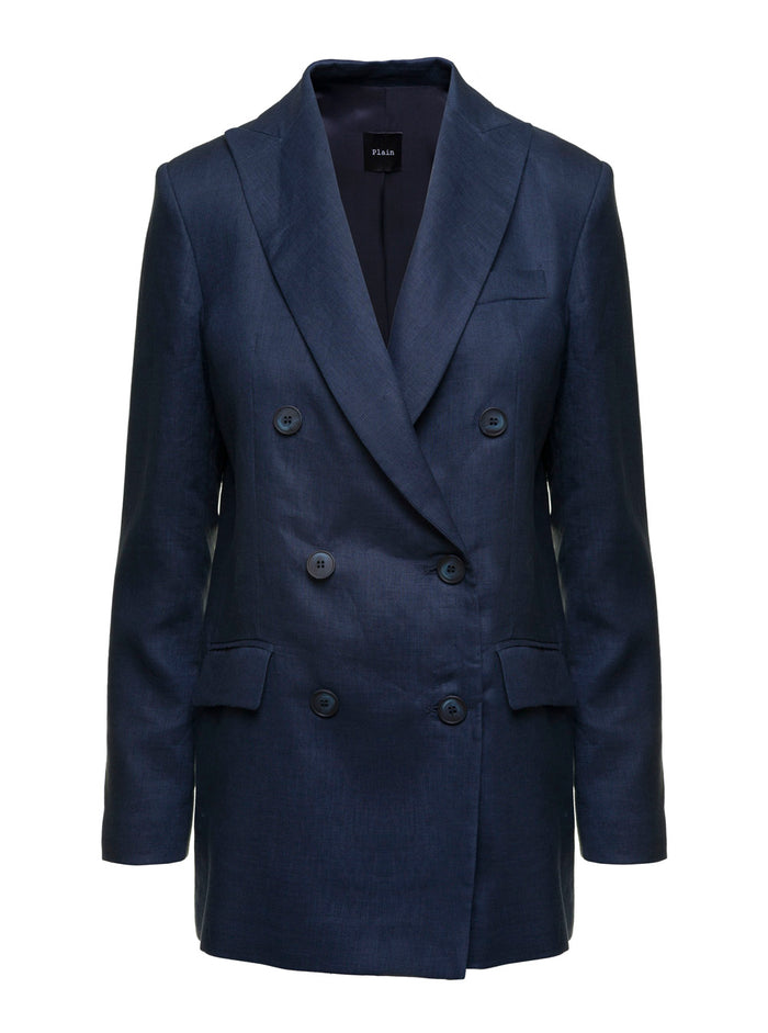 Blue Double-breasted Blazer In Linen Women Blu Blazers