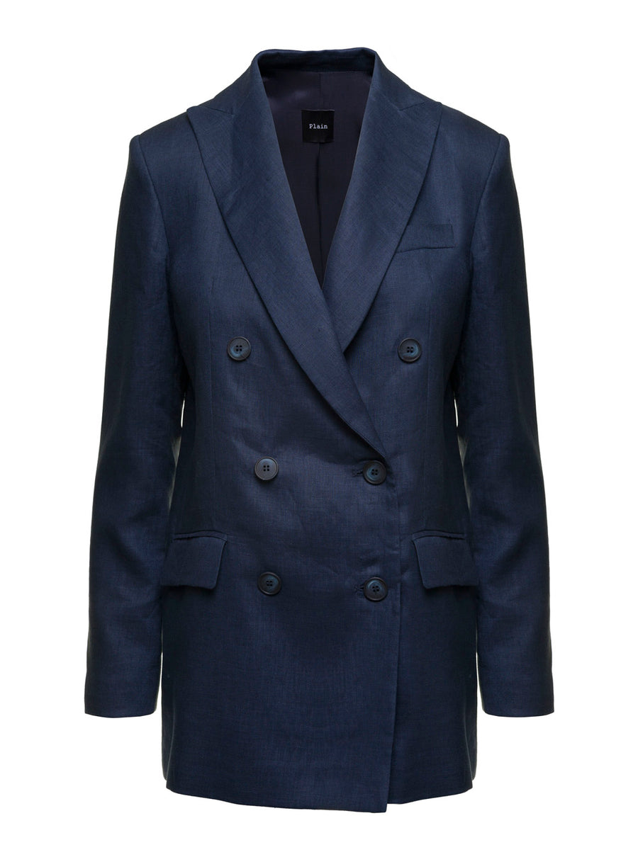 Double-Breasted Jacket Blue Linen Blazers