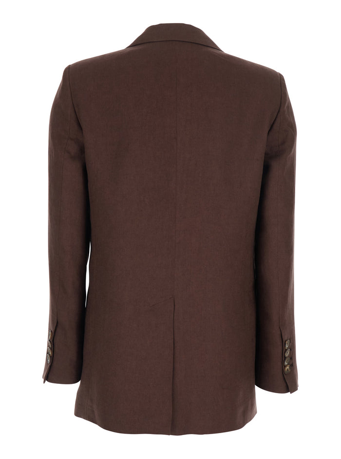 Brown Double-breasted Jacket with Peak Revers in Linen for Women Blazers