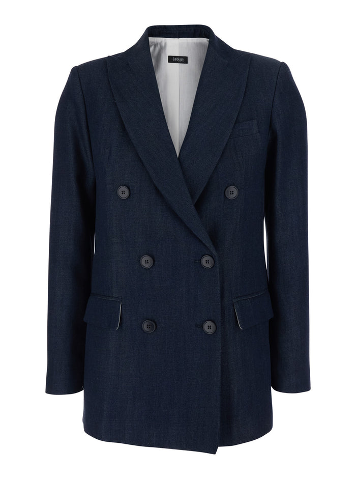 Double-breasted jacket with peak revers in blue tech fabric for women Blu Tencel Blazers