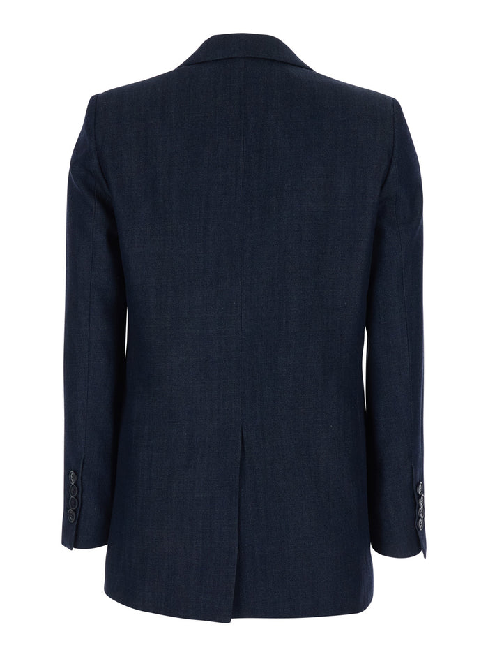 Double-breasted jacket with peak revers in blue tech fabric for women Blu Tencel Blazers