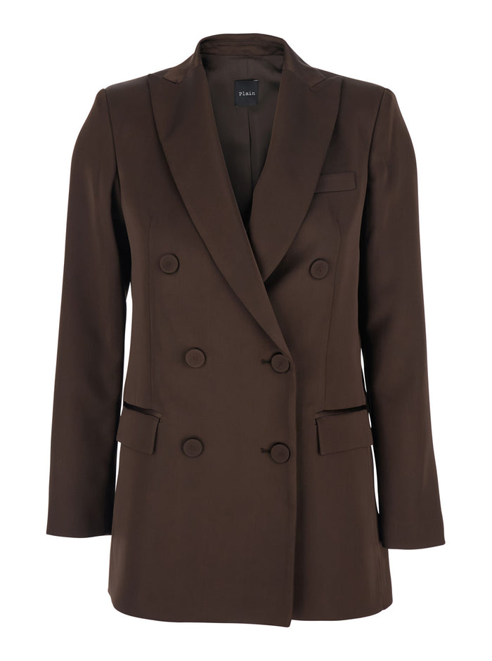 Double-breasted Jacket with Peak Revers in Brown Satin for Women Polyester Blazers
