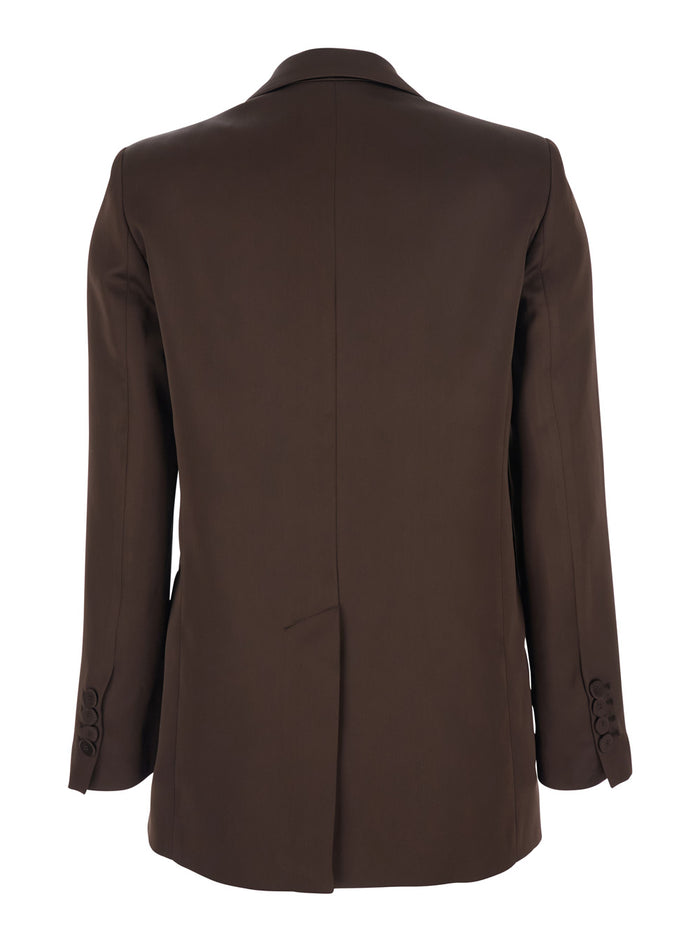 Double-breasted Jacket with Peak Revers in Brown Satin for Women Polyester Blazers