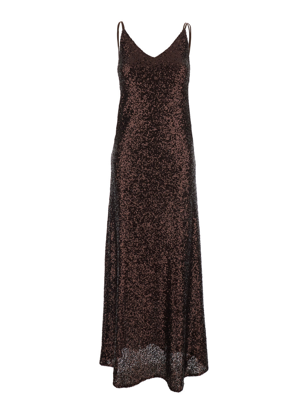 Long Dress Plain With Straps And All-Over Applied Sequins Brown Fabric For Women