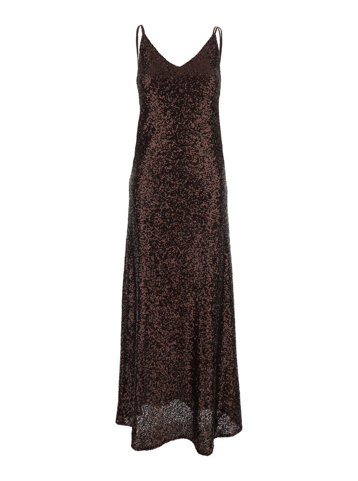 Long Dress Plain With Straps And All-Over Applied Sequins Brown Fabric For Women