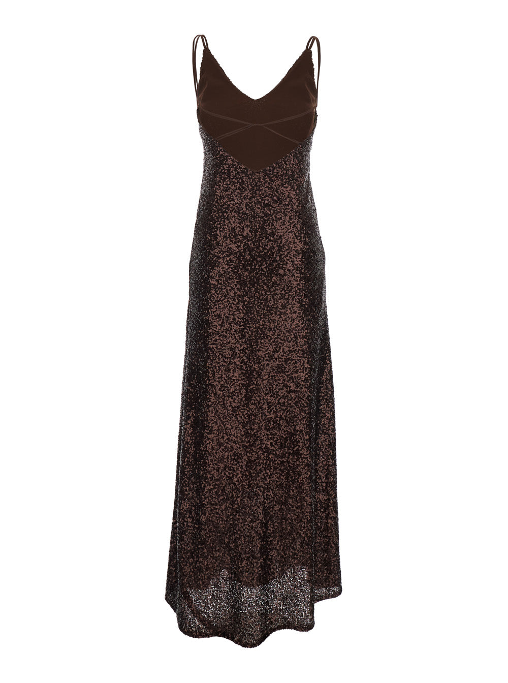Long Dress Plain With Straps And All-Over Applied Sequins Brown Fabric For Women