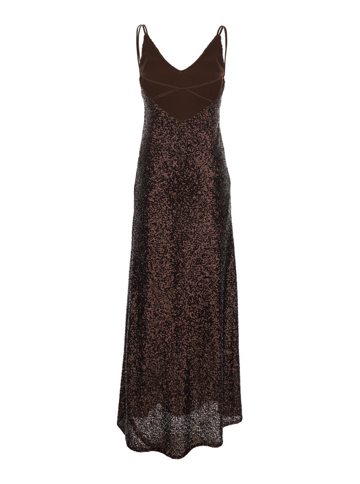 Long Dress Plain With Straps And All-Over Applied Sequins Brown Fabric For Women