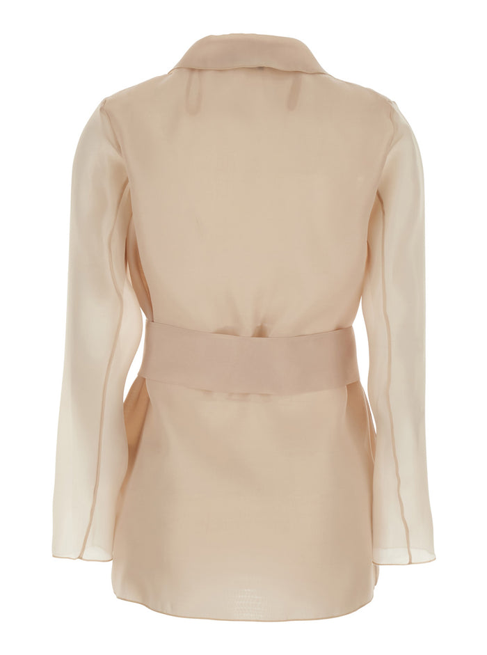 Technical Fabric Beige Jacket with Notched Revers and Waist Tie for Women Polyester Blazers