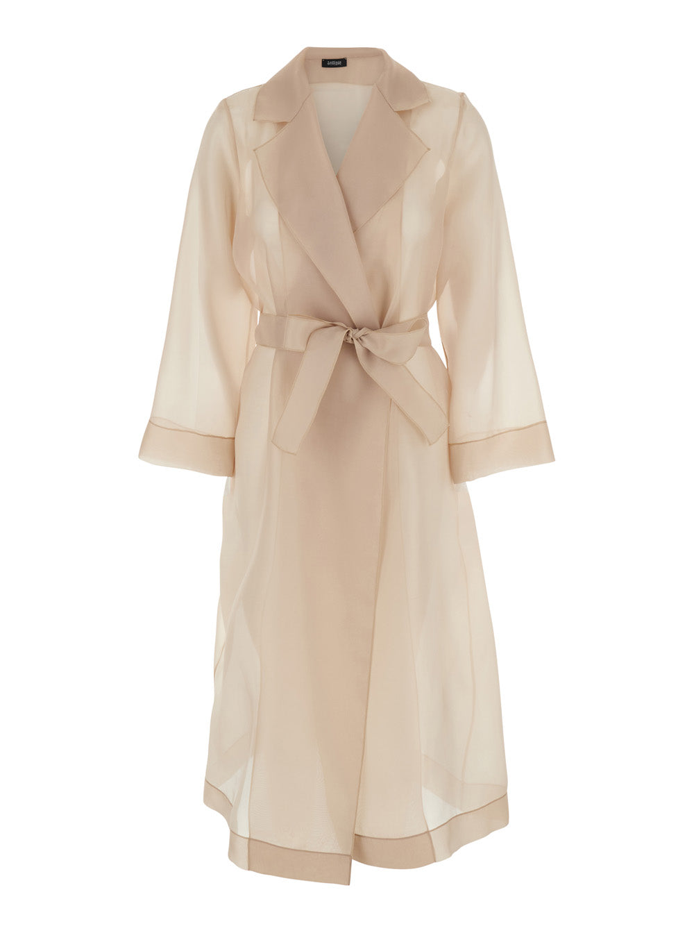 Beige Trench with Notched Revers and Waist Tie Polyester Outerwear