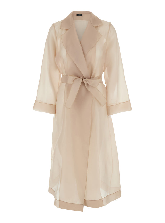 Beige Trench with Notched Revers and Waist Tie Polyester Outerwear