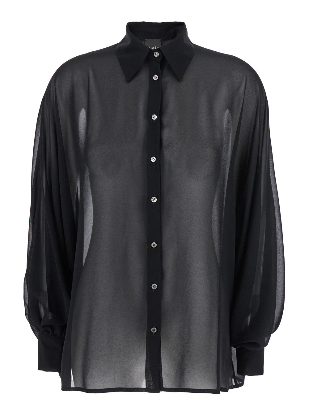 Oversized Blouse with Classic Collar and Semi-Transparent Design in Black Fabric for Women Shirts Blouses