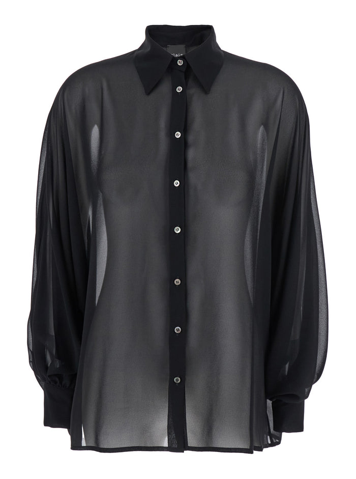 Oversized Blouse with Classic Collar and Semi-Transparent Design in Black Fabric for Women Shirts Blouses