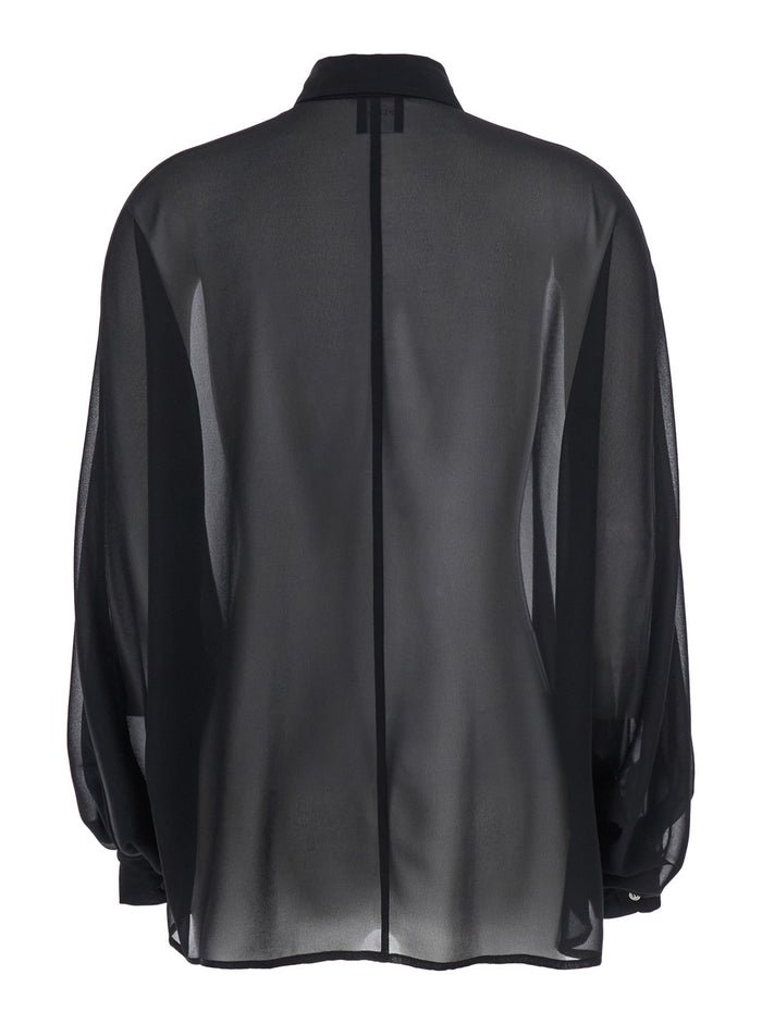 Oversized Blouse with Classic Collar and Semi-Transparent Design in Black Fabric for Women Shirts Blouses