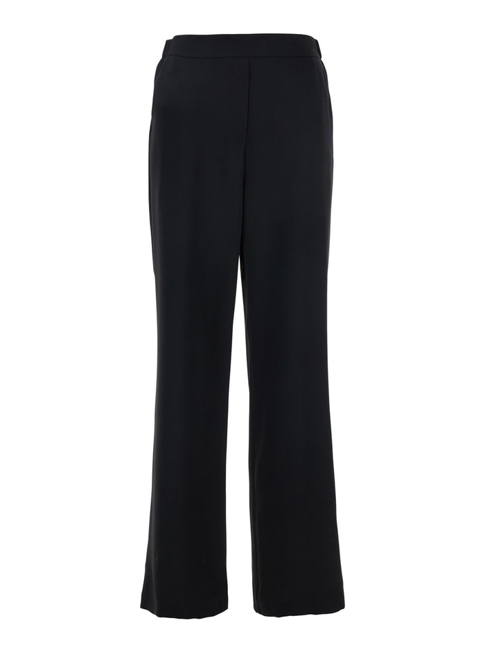 Black Pants with Elasticated Waist at the Back and Wide Leg in Tech Fabric for Women Polyester Trousers