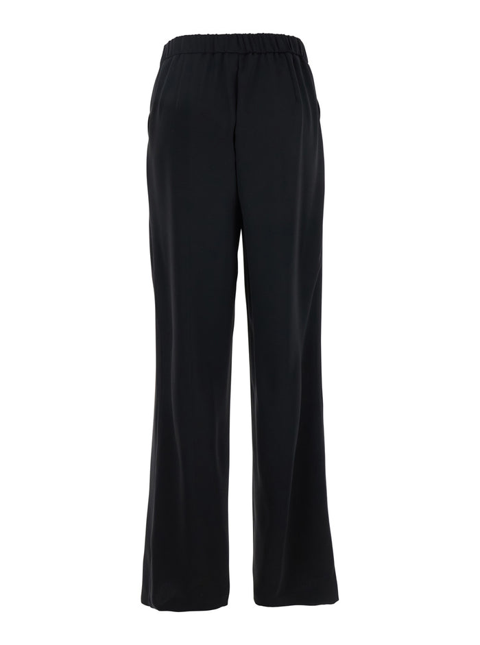 Black Pants with Elasticated Waist at the Back and Wide Leg in Tech Fabric for Women Polyester Trousers