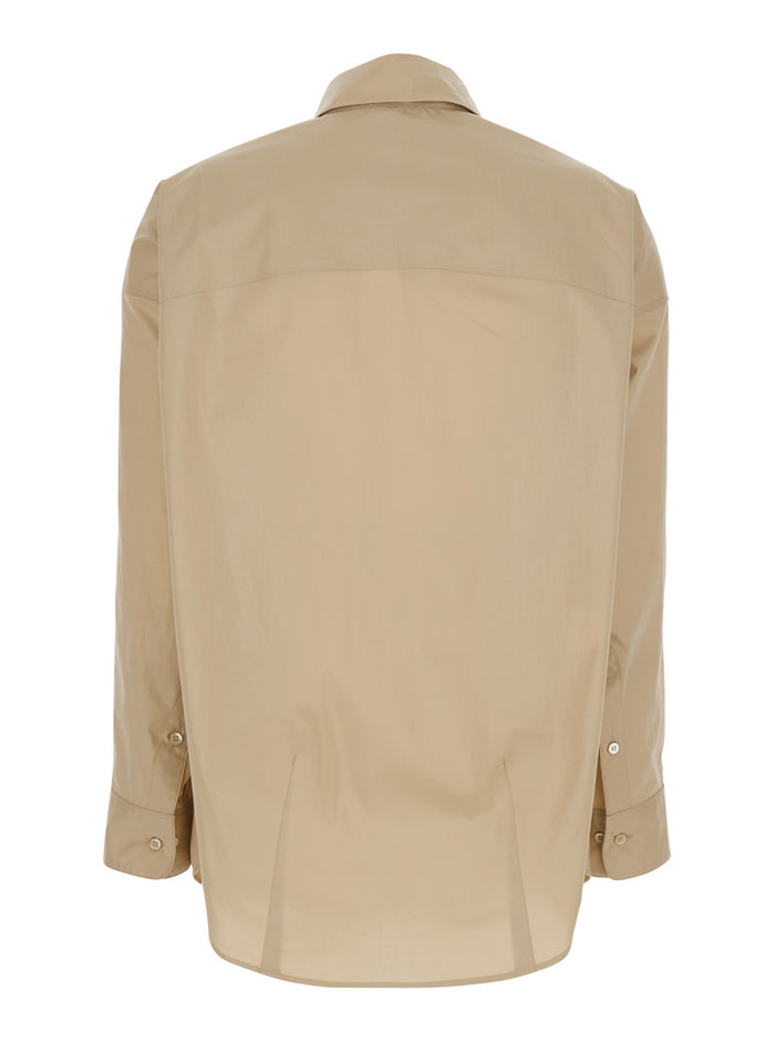 Beige Shirt with Classic Collar and Long Sleeves in Cotton for Men Blouses