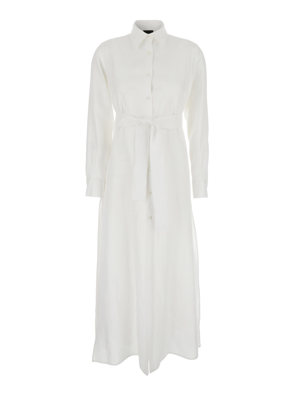 Dress with Classic Collar and Adjustable Belt in White Linen for Women Long