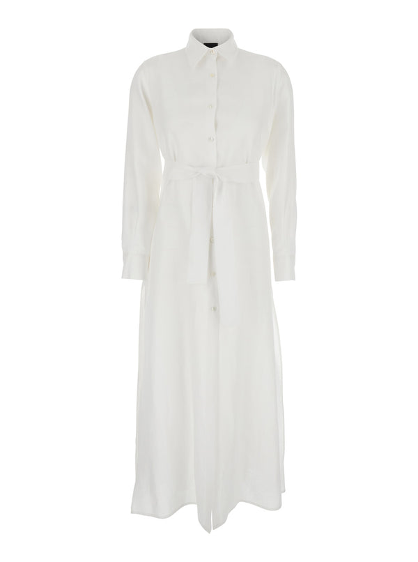 Dress With Classic Collar White Linen