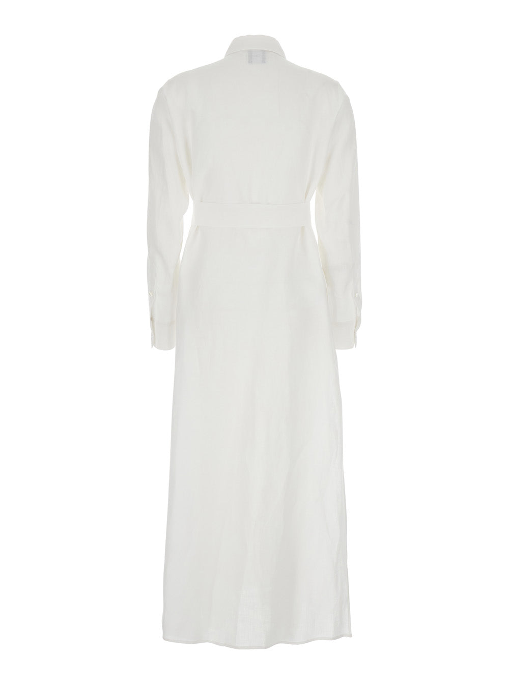 Dress with Classic Collar and Adjustable Belt in White Linen for Women Long