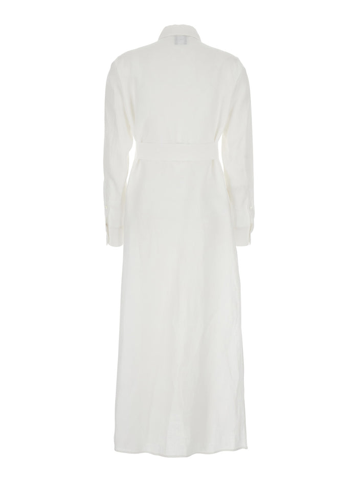 Dress with Classic Collar and Adjustable Belt in White Linen for Women Long
