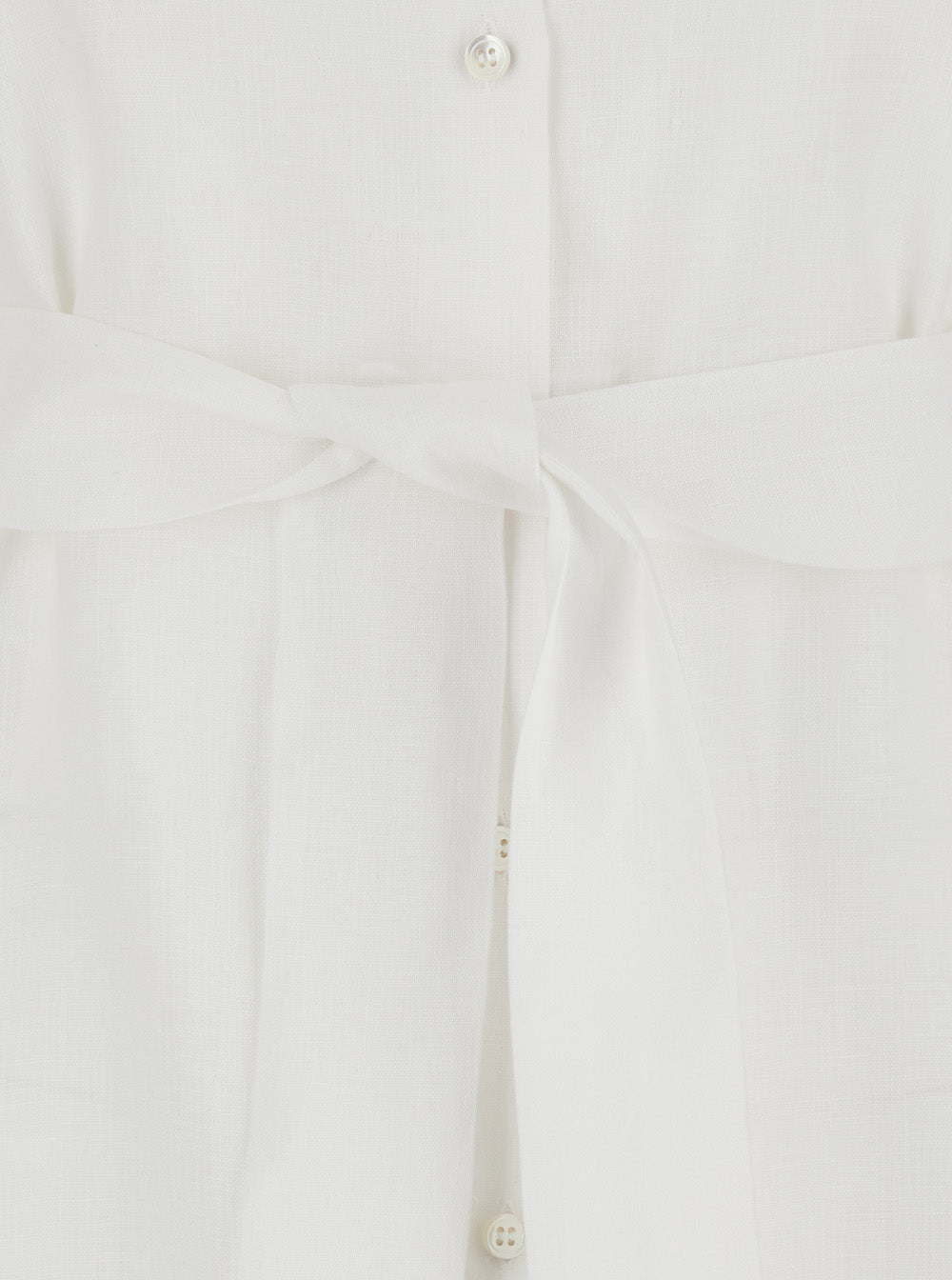 Dress with Classic Collar and Adjustable Belt in White Linen for Women Long