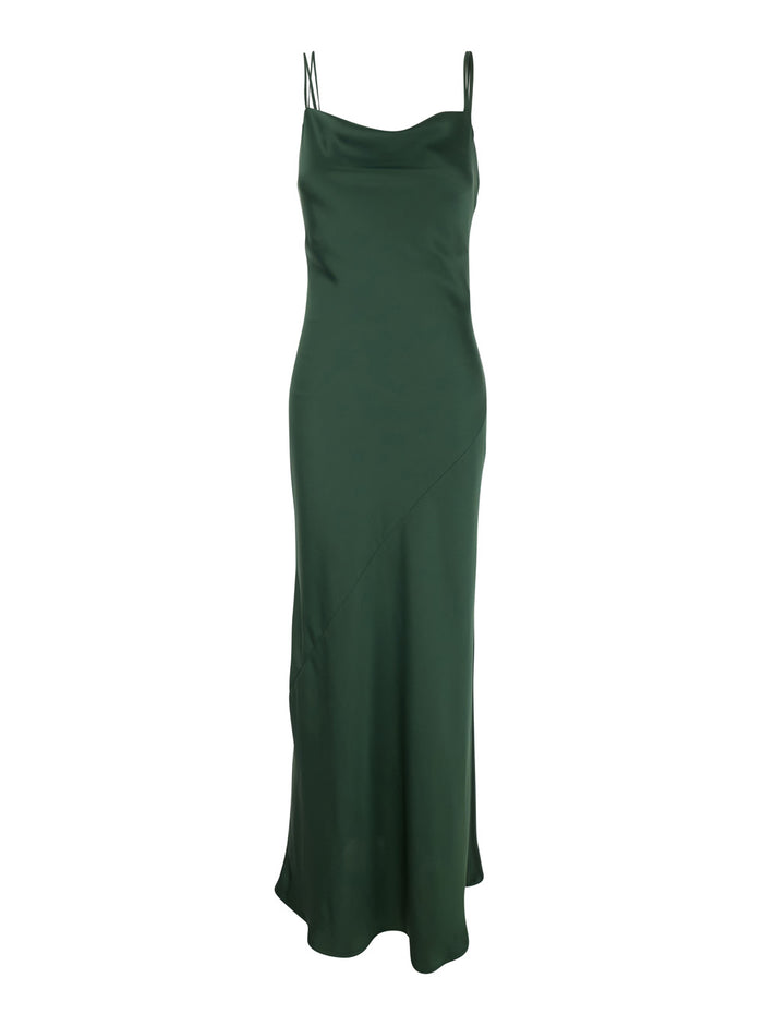 Long Dress with Thin Straps and Pendants on the Back in Green Tech Fabric for Women Polyester
