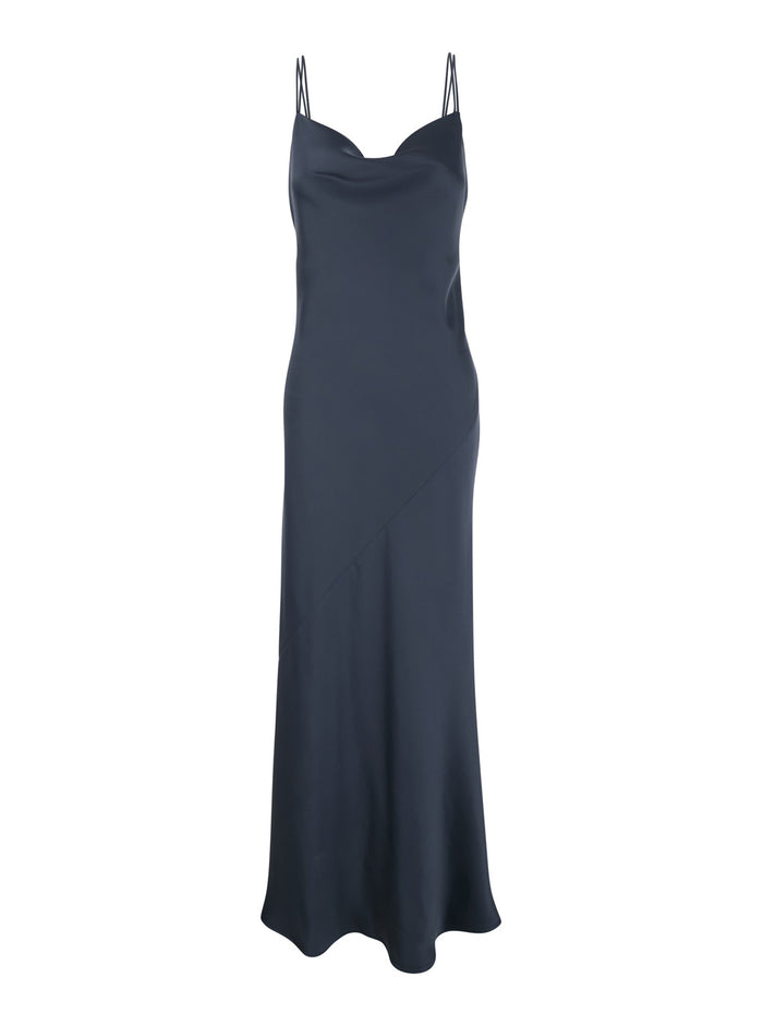 Long Dress with Thin Straps and Back Pendants in Tech Fabric Blue Women Blu Polyester