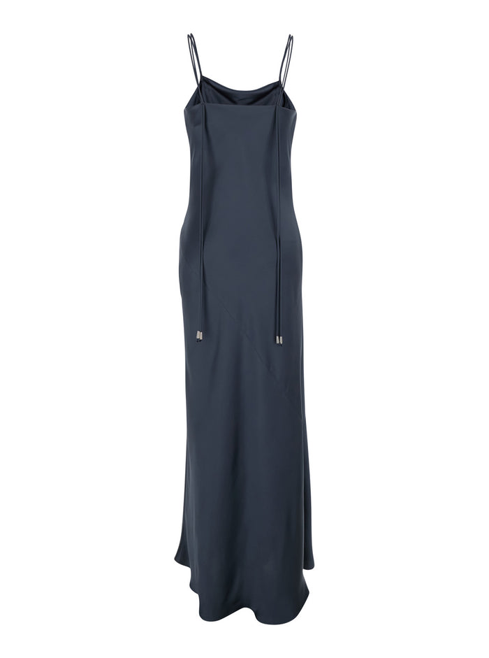 Long Dress with Thin Straps and Back Pendants in Tech Fabric Blue Women Blu Polyester