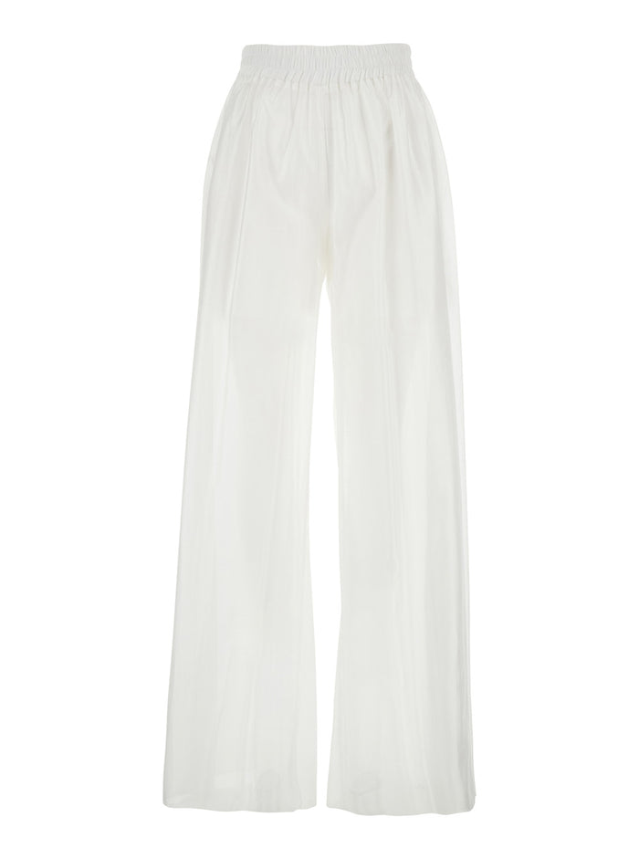 White Pants with Elastic Waist and Wide Leg in Fabric Woman Trousers