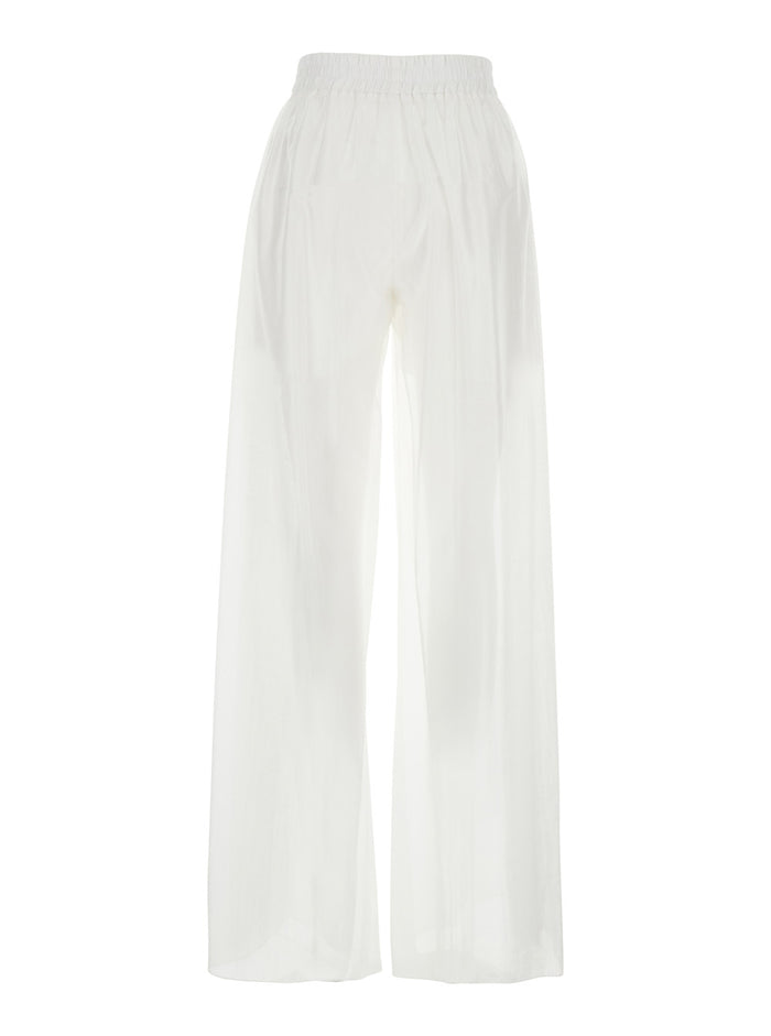 White Pants with Elastic Waist and Wide Leg in Fabric Woman Trousers