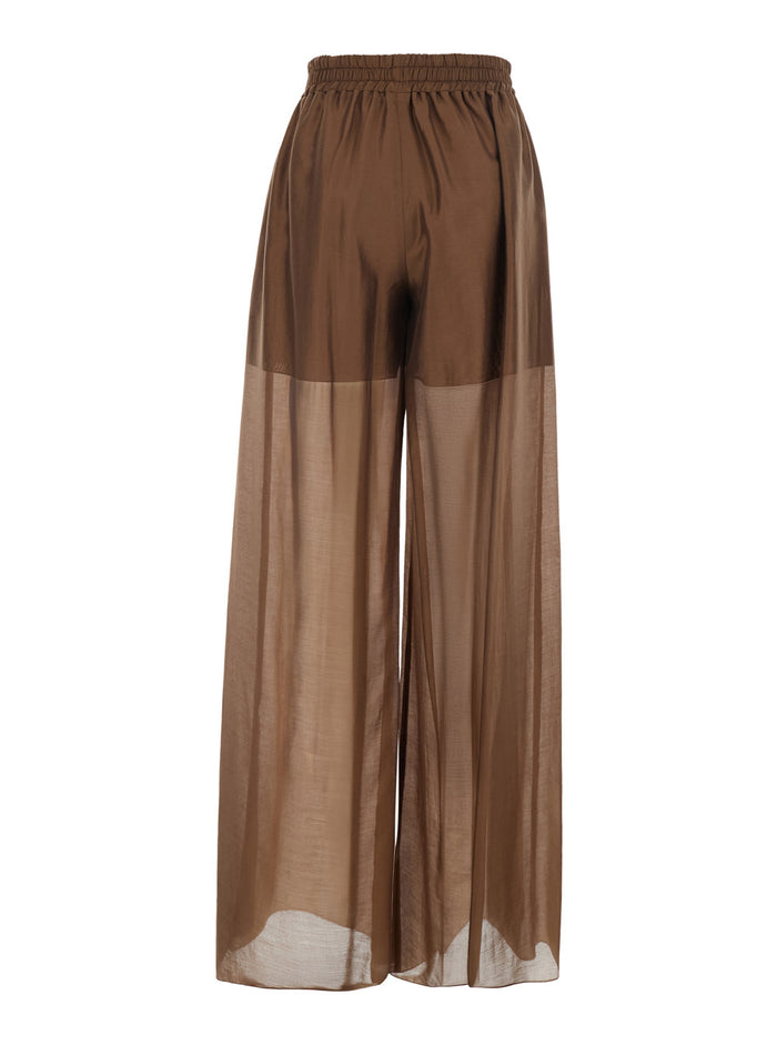 Brown Pants with Elastic Waist and Semi-Transparent Design in Tech Fabric for Women Trousers