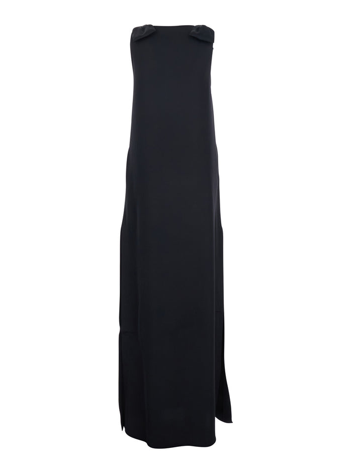 Long Dark Blue Dress with V-Neck and Side Slits in Womens Fabric Blu Polyester