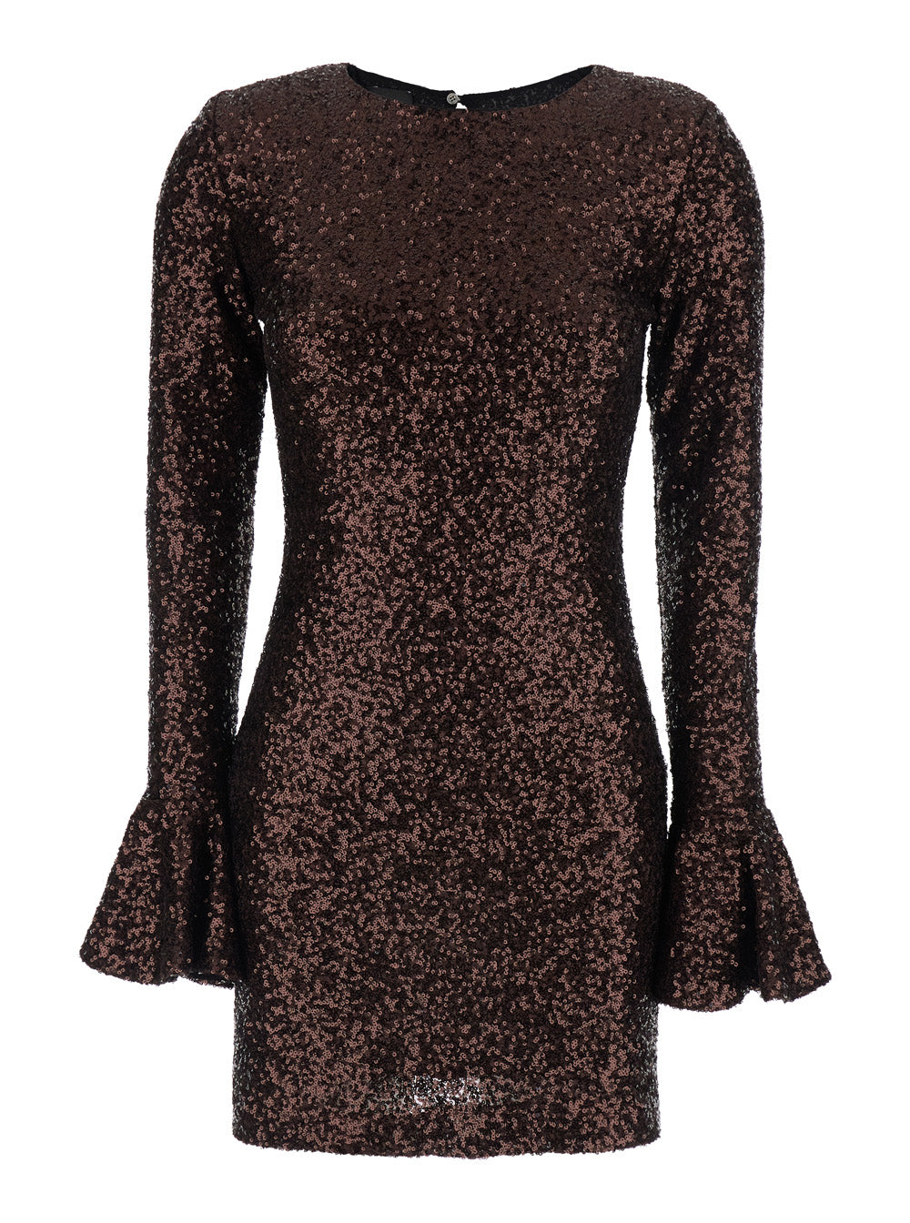 Brown Dress With Round Neck And All-Over Applied Sequins Fabric For Women