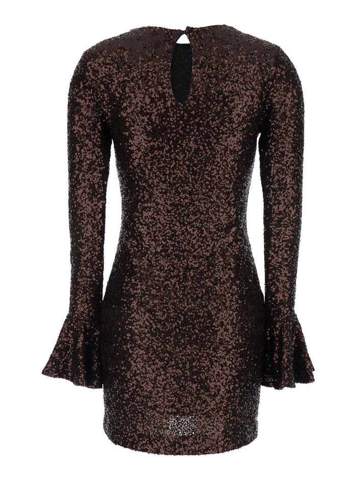 Brown Dress With Round Neck And All-Over Applied Sequins Fabric For Women
