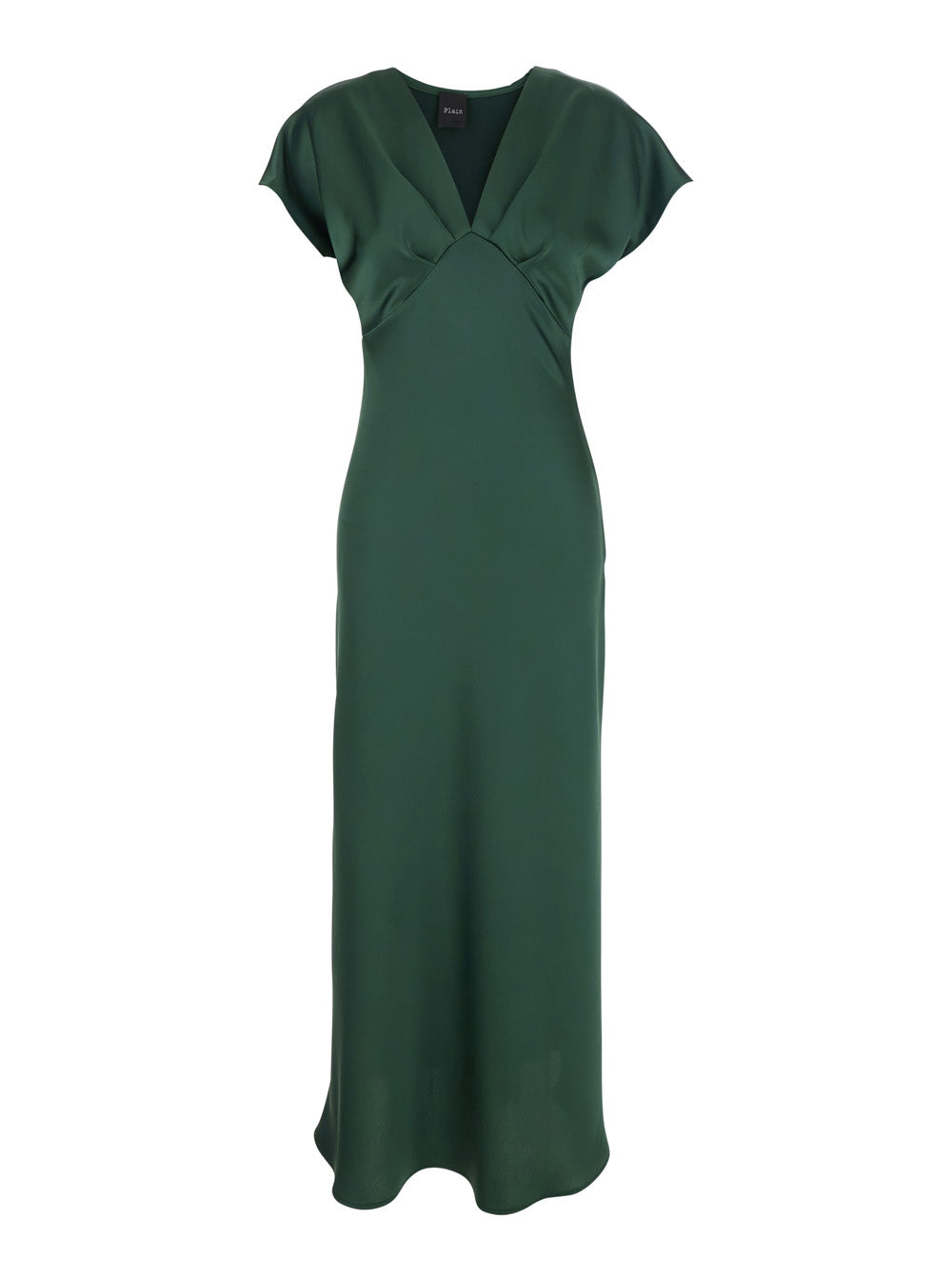 Green Long Dress with V-Neck and Ruffles on the Front in Tech Fabric Women Polyester