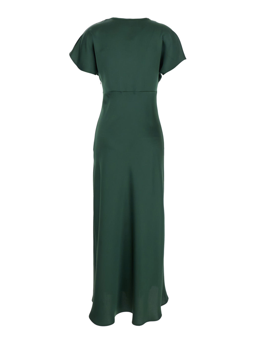 Green Long Dress with V-Neck and Ruffles on the Front in Tech Fabric Women Polyester