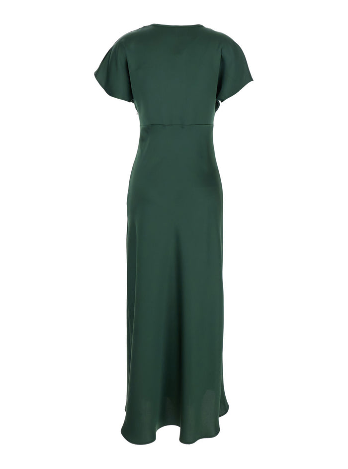 Green Long Dress with V-Neck and Ruffles on the Front in Tech Fabric Women Polyester