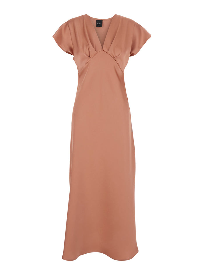Pink Long Dress with V-Neck and Ruches on the Front in Tech Fabric Women Polyester