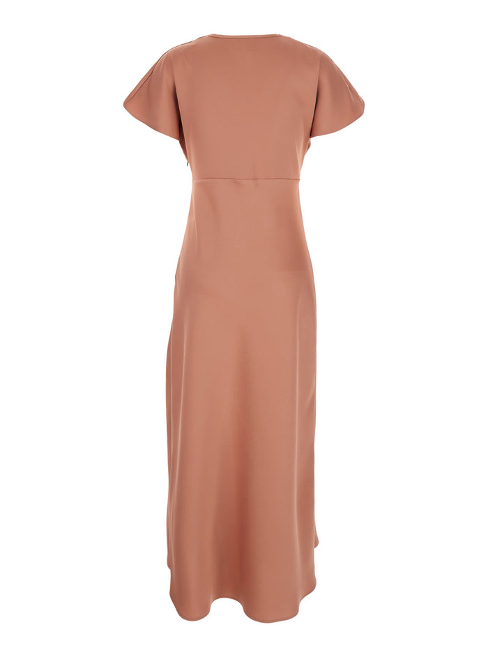 Pink Long Dress with V-Neck and Ruches on the Front in Tech Fabric Women Polyester