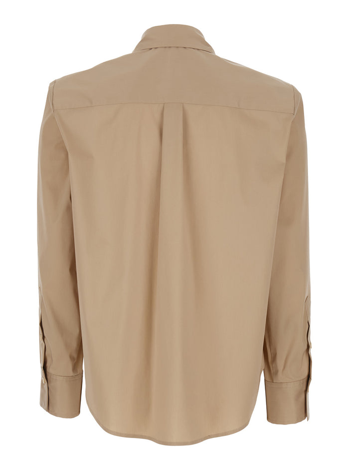 Beige Cotton Shirt with Classic Collar and Button Cuffs for Women Nylon Elastane Blouses